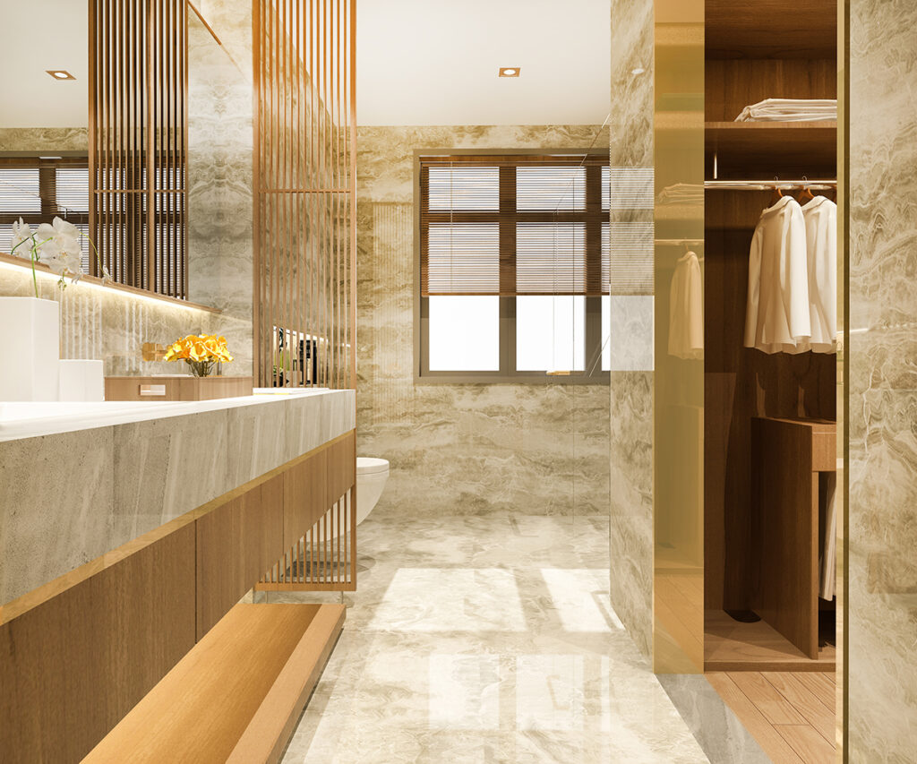 3d rendering modern design and marble tile toilet and bathroom a
